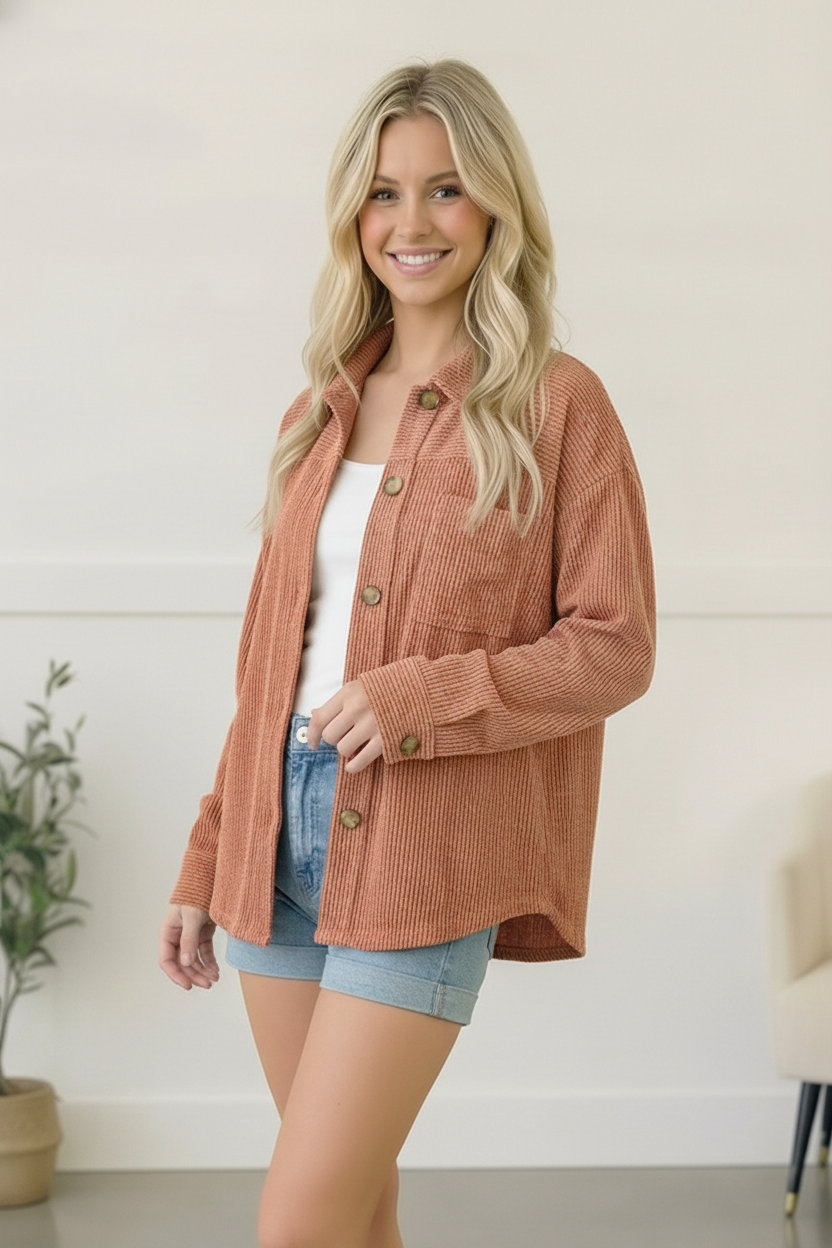 Apricot Wavy Ribbed Button Cardigan