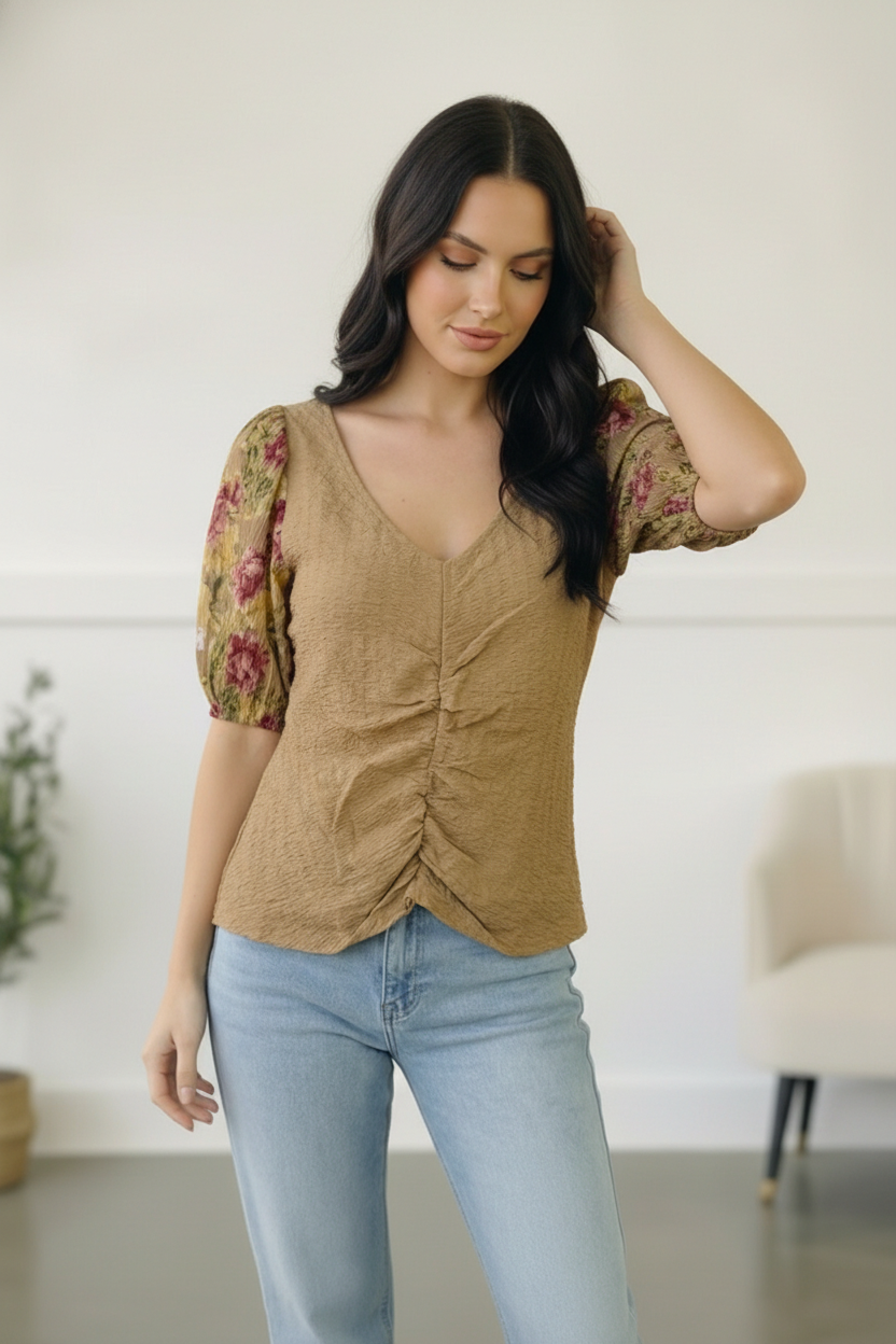 Taupe Floral Sleeve Top
