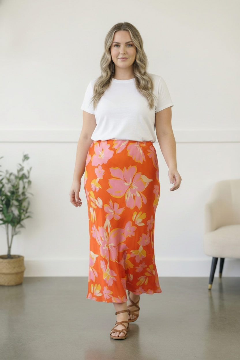 Plus Coral Lined Floral Woven Skirt