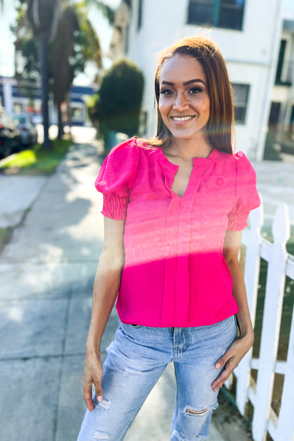 Fuchsia Crinkled Woven Synch Sleeve Top