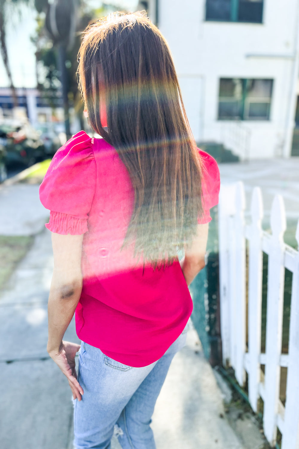 Fuchsia Crinkled Woven Synch Sleeve Top