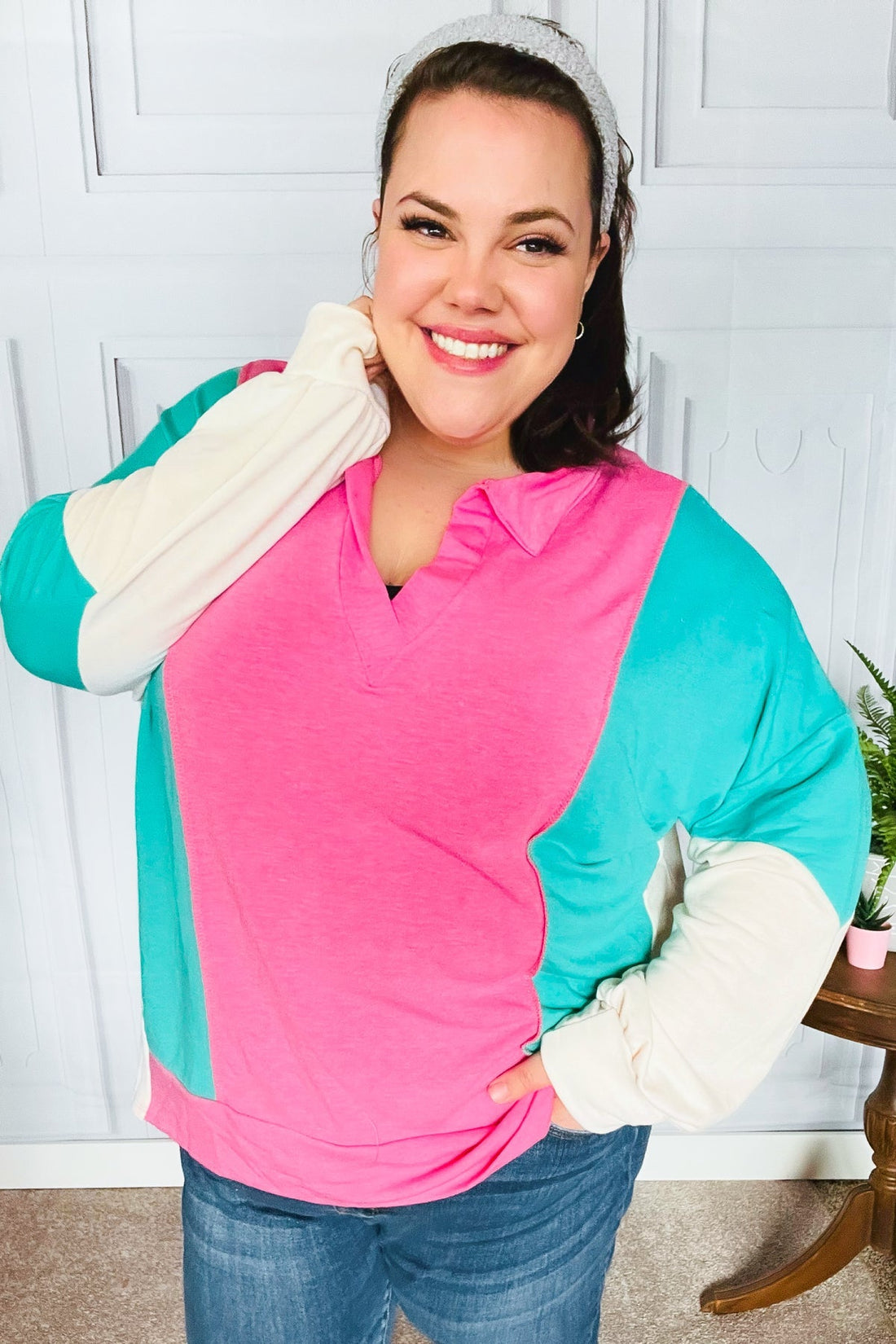 Stand Out Hot Pink & Mint V Neck Collared Terry Color Block Top (Open Pack)