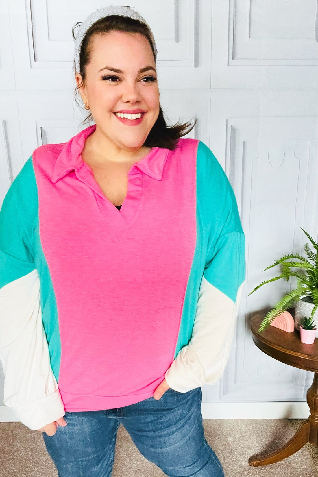 Stand Out Hot Pink & Mint V Neck Collared Terry Color Block Top (Open Pack)