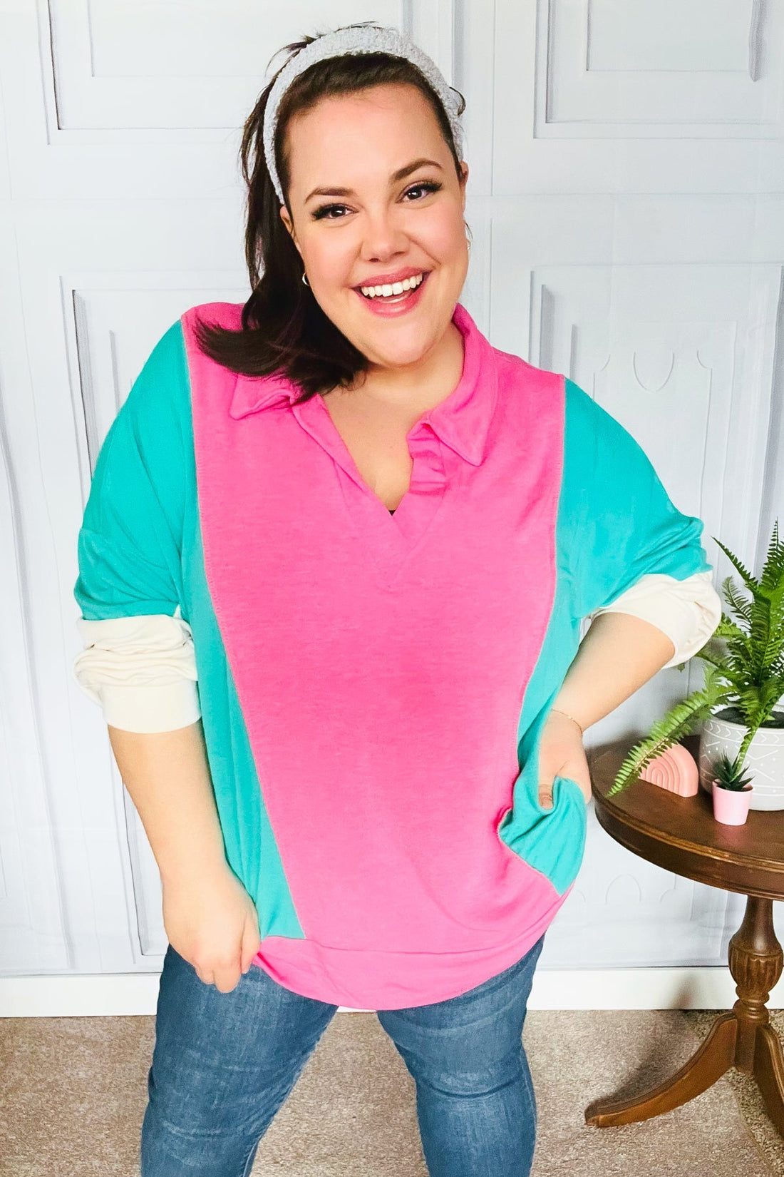 Stand Out Hot Pink & Mint V Neck Collared Terry Color Block Top (Open Pack)