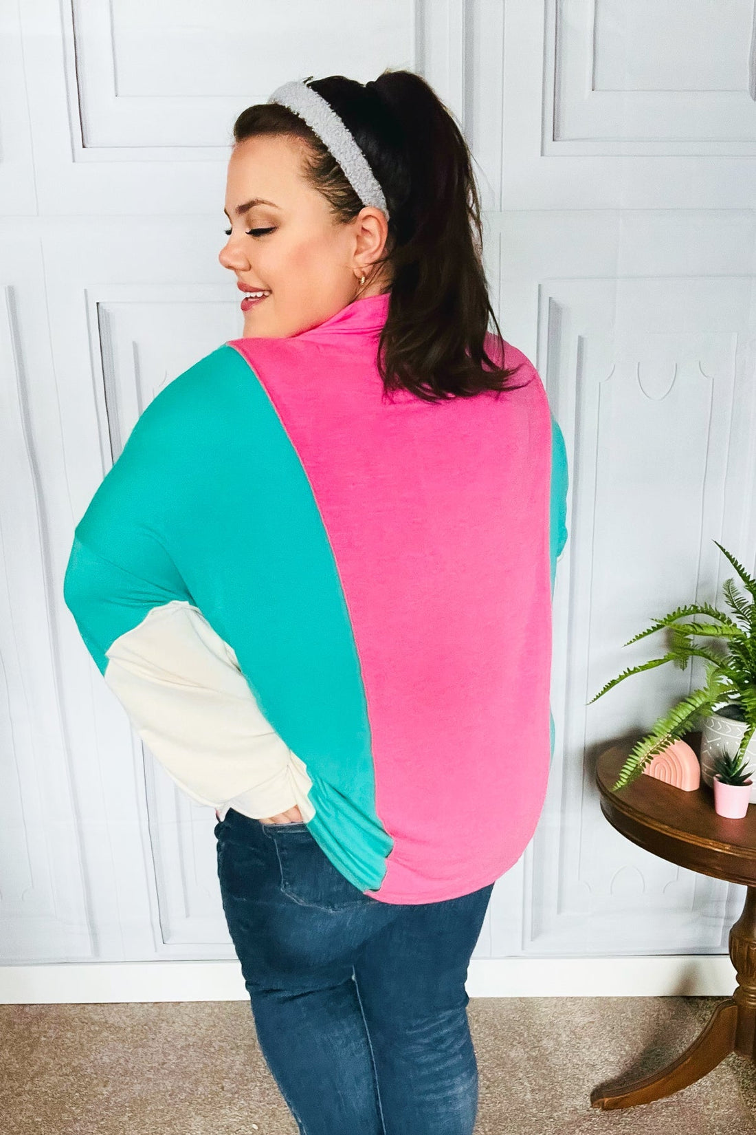 Stand Out Hot Pink & Mint V Neck Collared Terry Color Block Top (Open Pack)