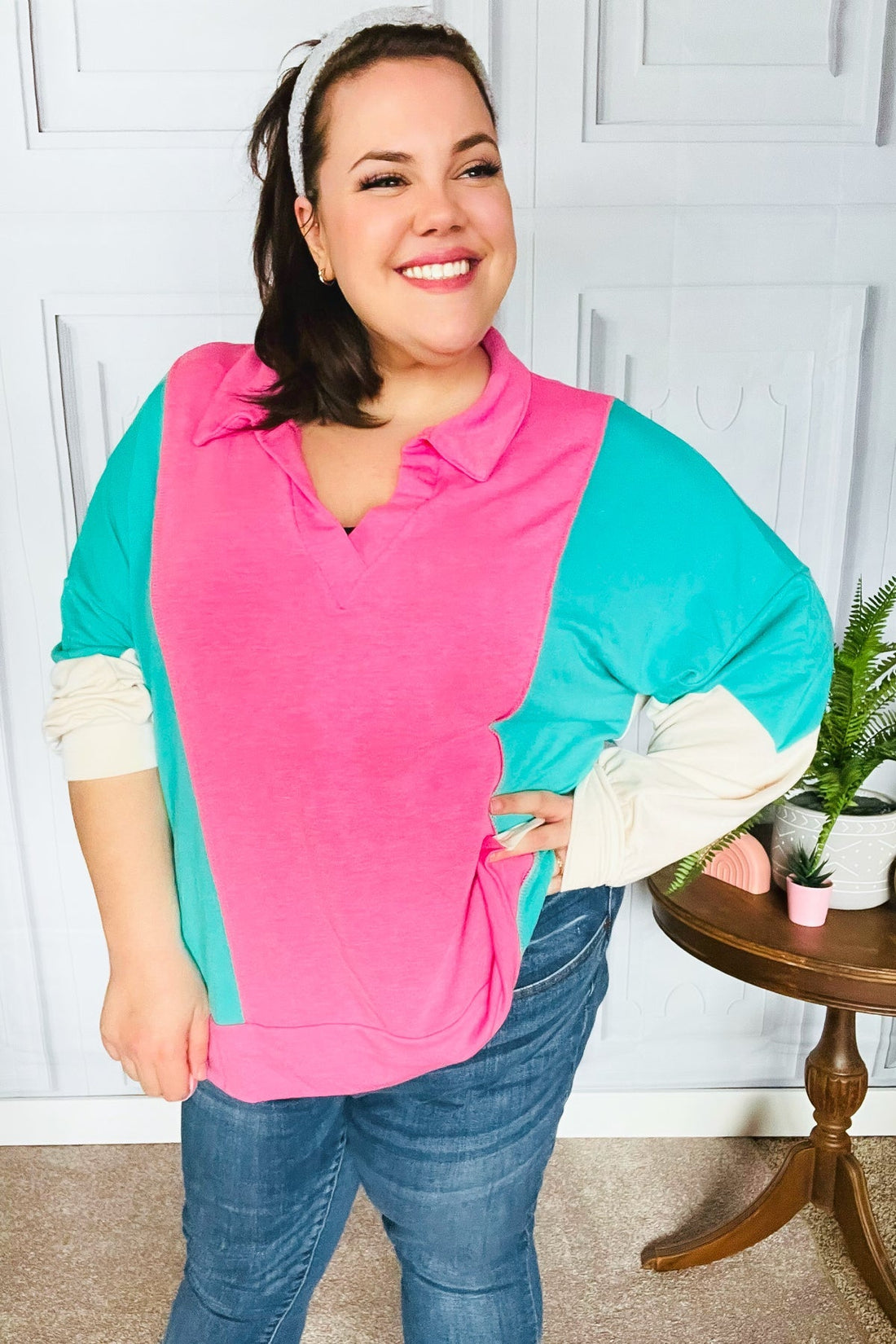 Stand Out Hot Pink & Mint V Neck Collared Terry Color Block Top (Open Pack)