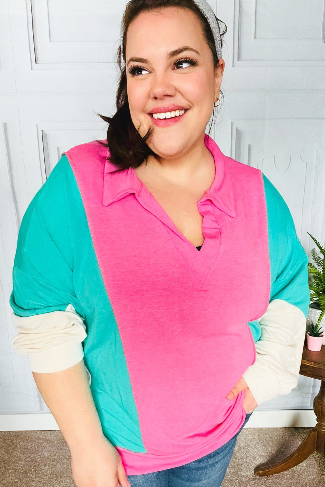 Stand Out Hot Pink & Mint V Neck Collared Terry Color Block Top (Open Pack)