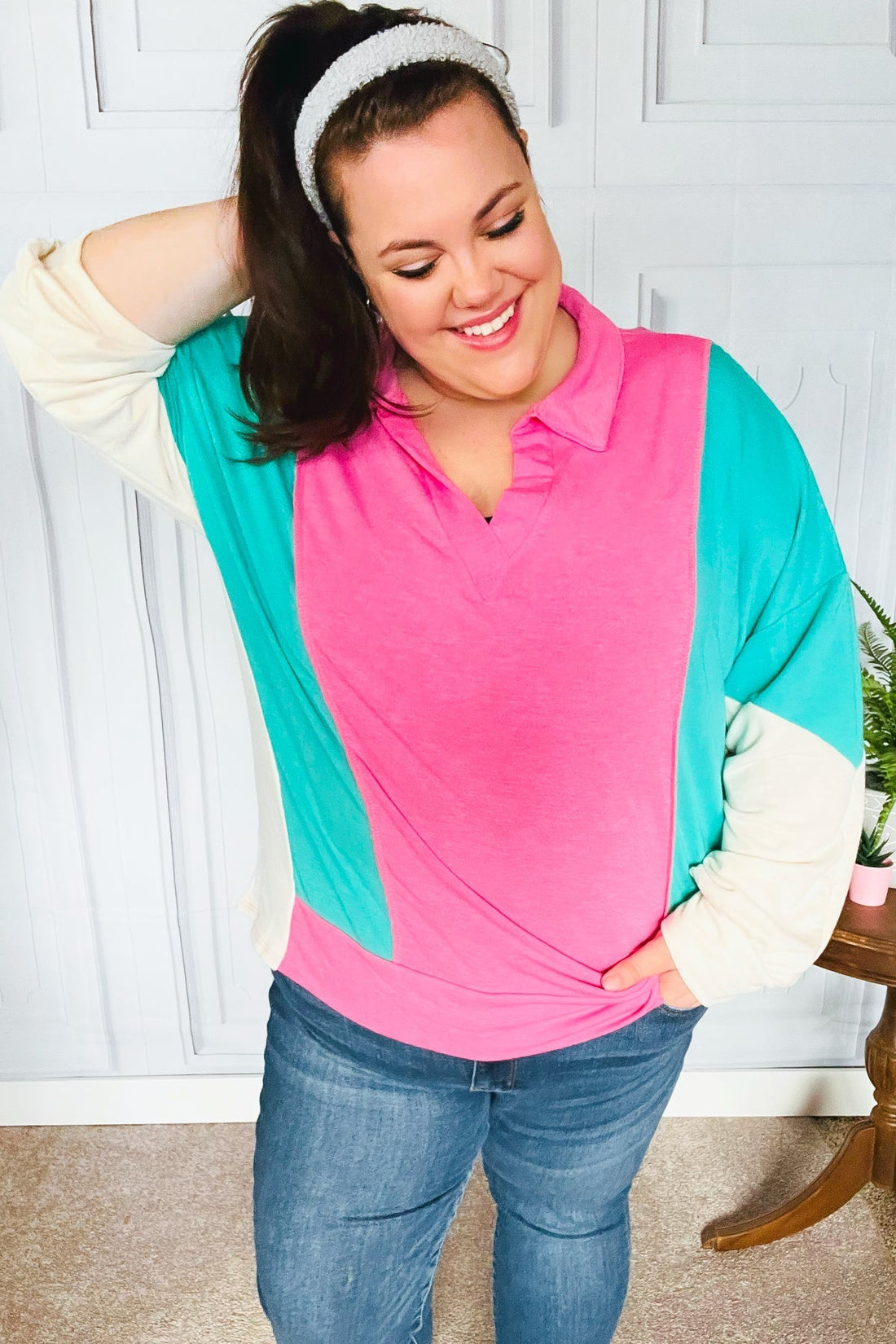 Stand Out Hot Pink & Mint V Neck Collared Terry Color Block Top (Open Pack)