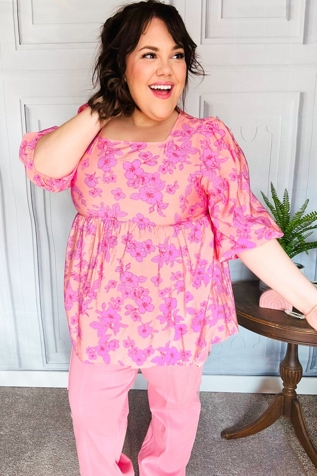 Making Moves Peach & Pink Floral Peplum Woven Top (Open Pack)