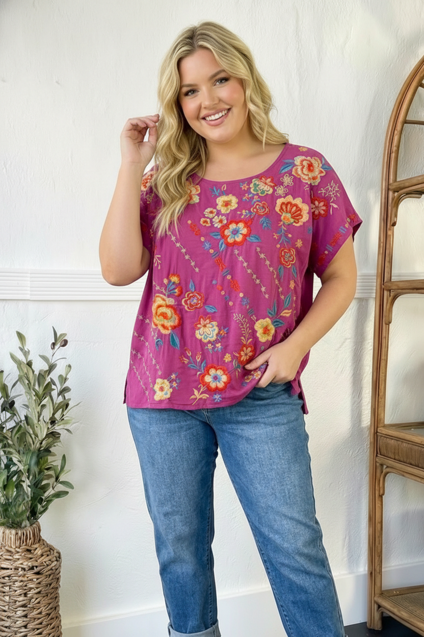 Plus Fuchsia Embroidered Blouse