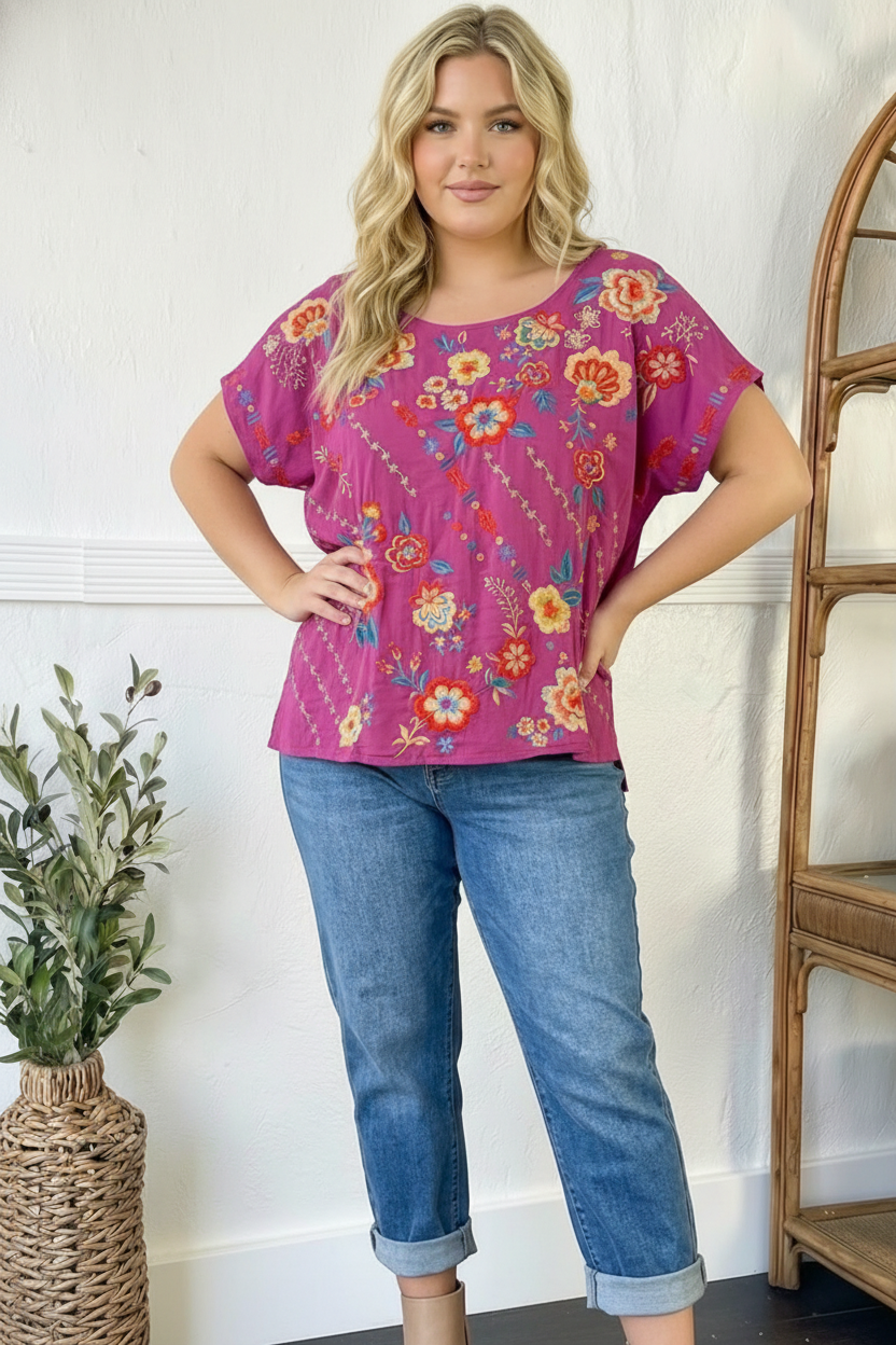 Plus Fuchsia Embroidered Blouse