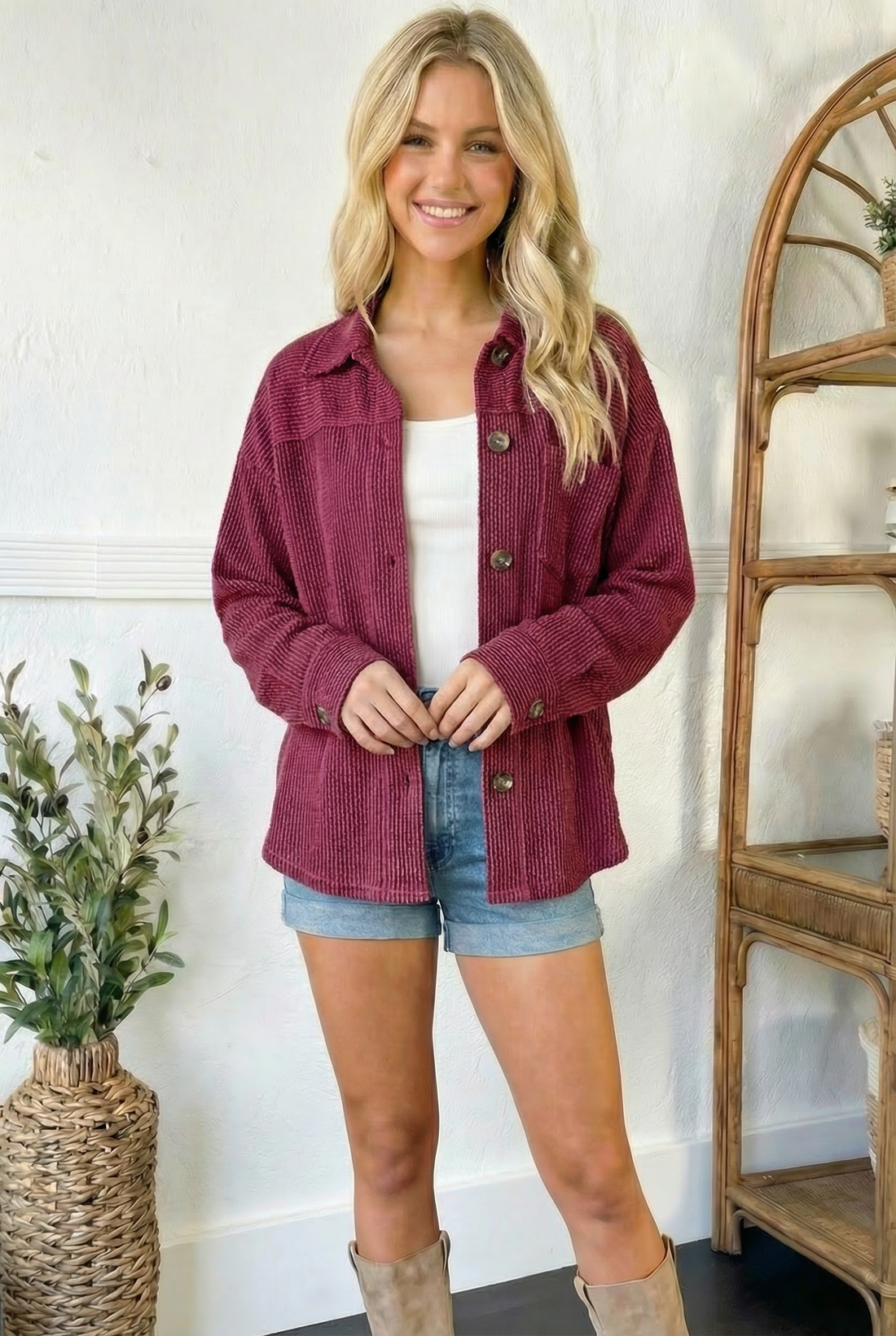 Wine Oversize Wavy Rib Button Jacket