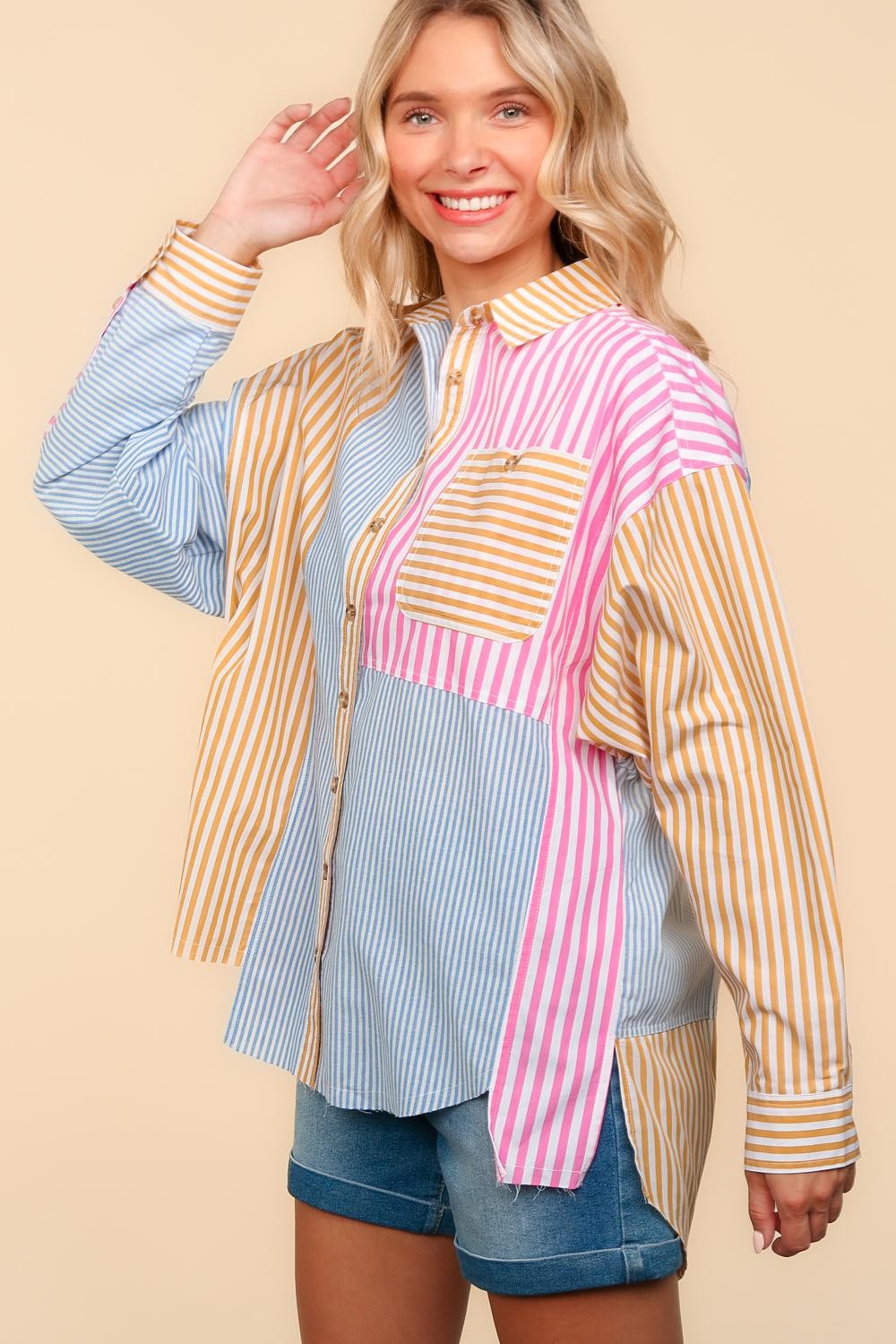 STRIPE PATCHWORK BUTTON DOWN WOVEN TOP