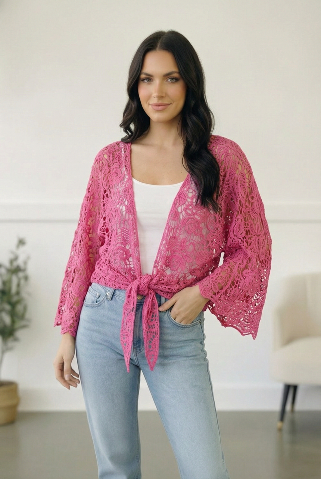 FUCHSIA CROCHET TIE HEM CARDIGAN