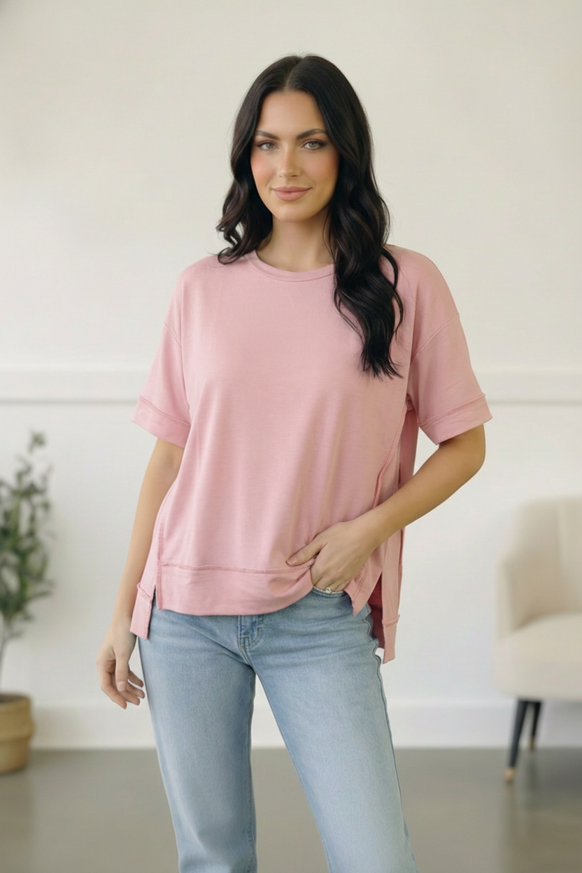 Look My Way Blush Hi-Lo French Terry Outseam Pullover (Open Pack)