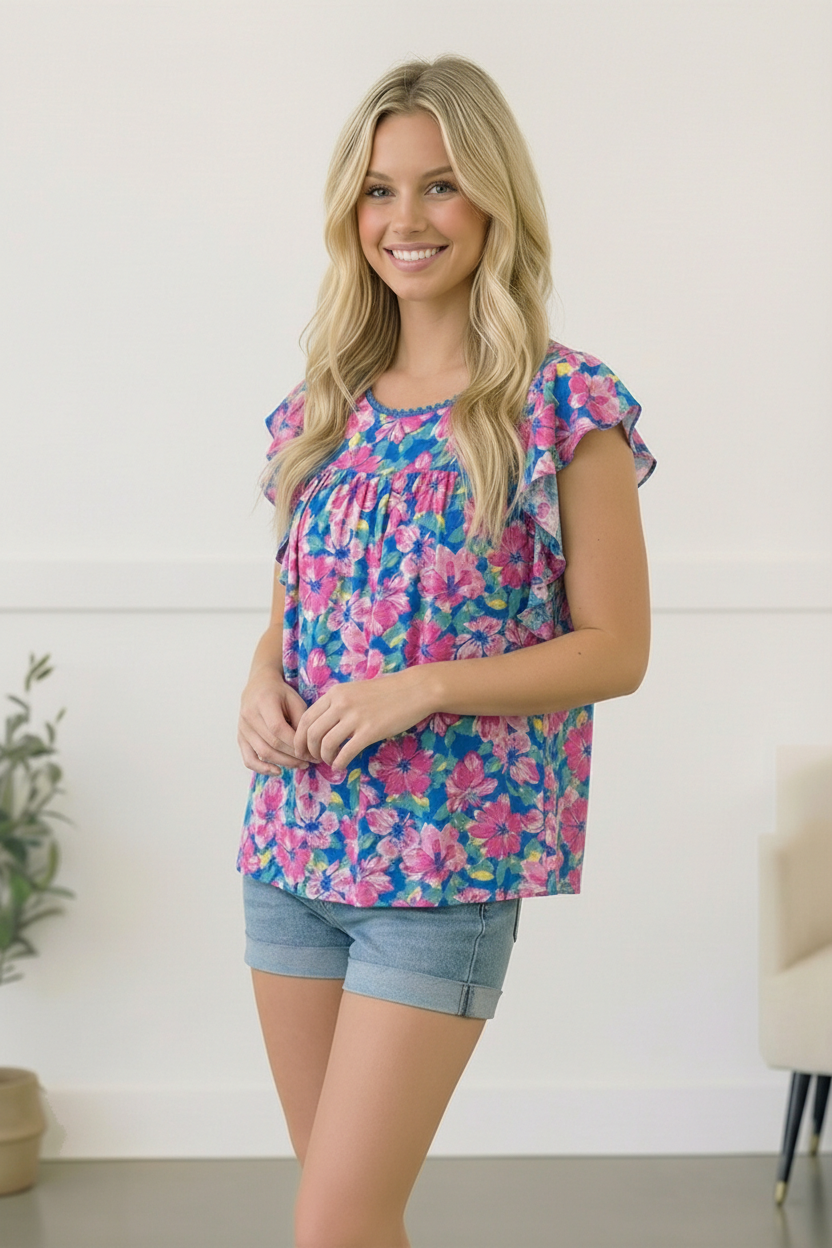 Blue Lace Lined Floral Top