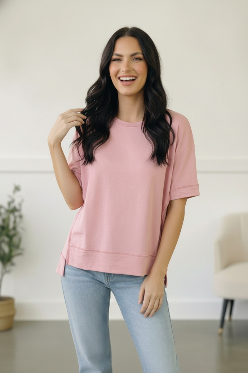 Look My Way Blush Hi-Lo French Terry Outseam Pullover (Open Pack)