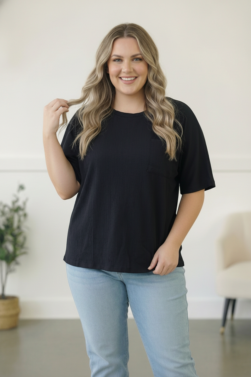 Plus Black Solid Dolman Pocket Top