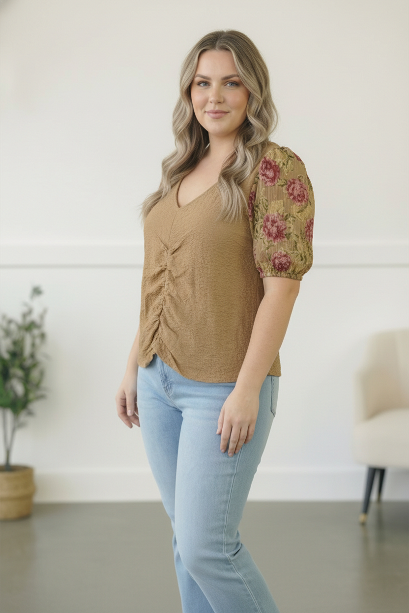 Plus Taupe Floral Sleeve Top