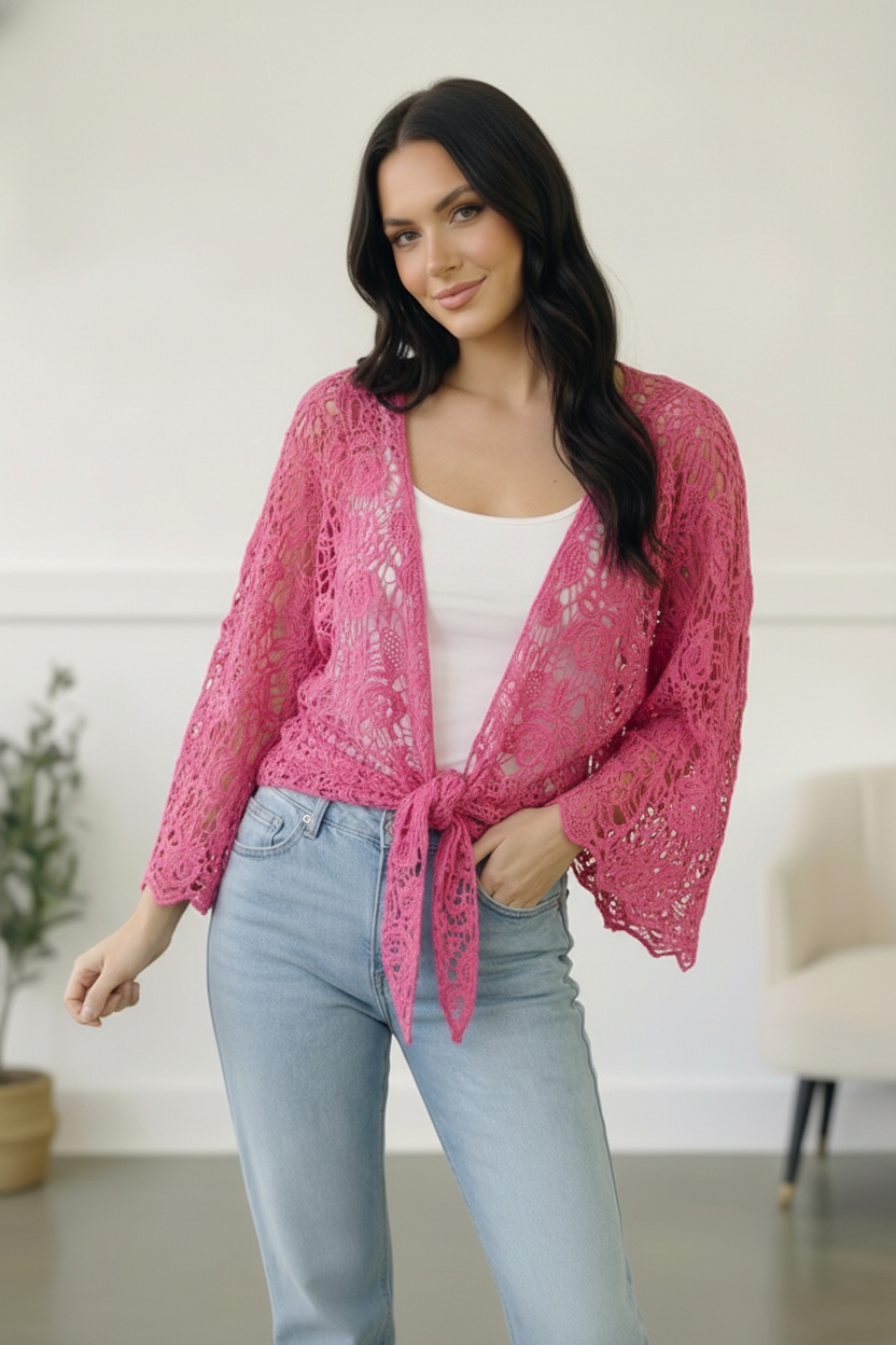 FUCHSIA CROCHET TIE HEM CARDIGAN