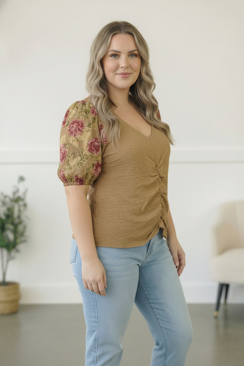 Plus Taupe Floral Sleeve Top