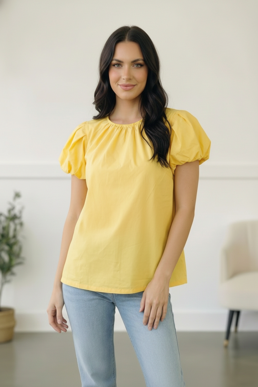 Yellow Puff Sleeve Design Solid Top