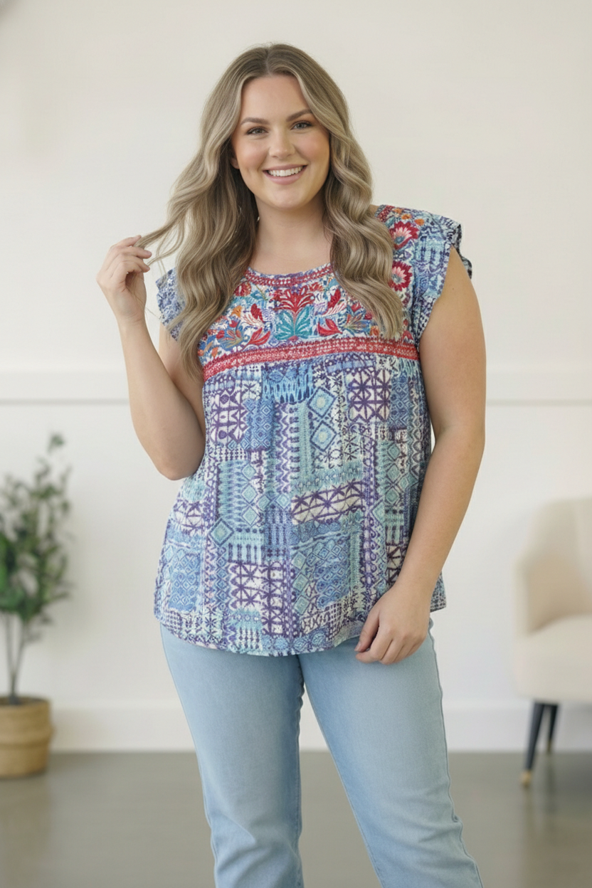 Plus Blue Embroidered Top