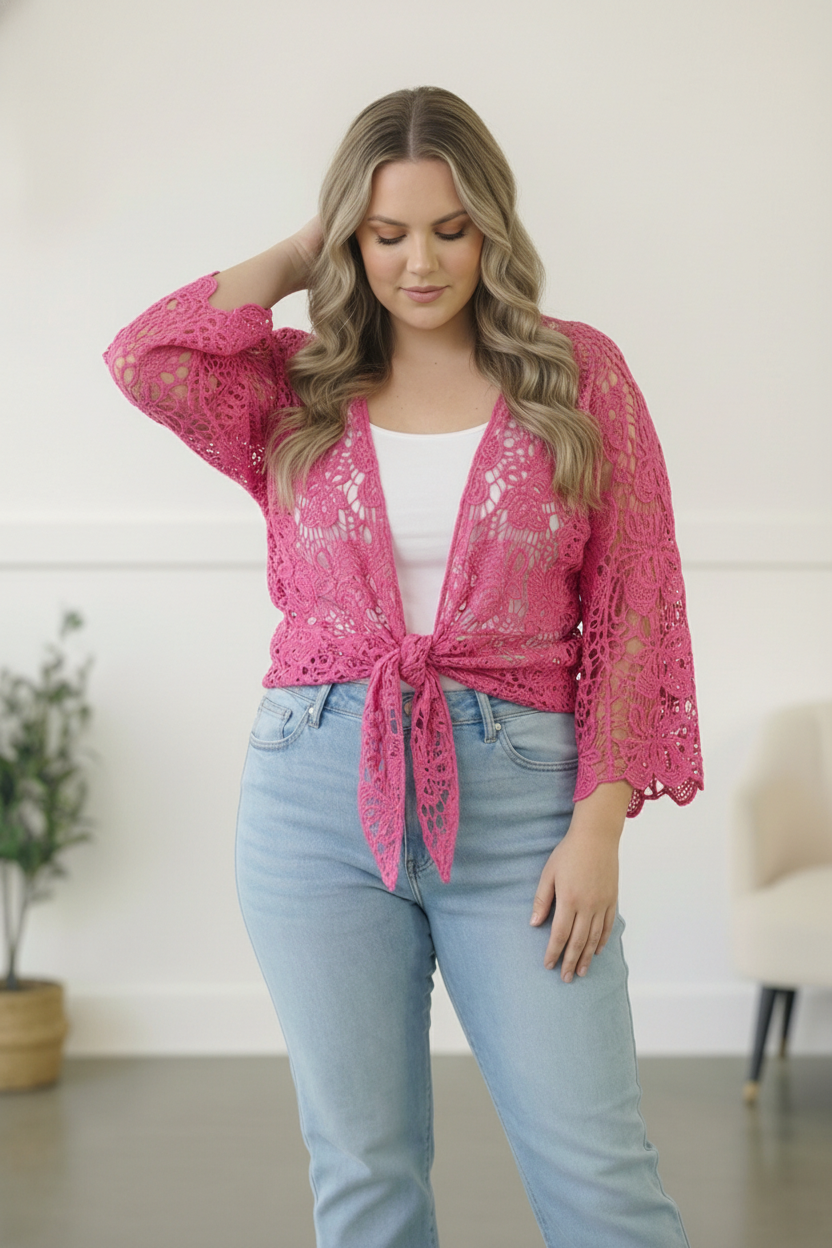 PLUS FUCHSIA CROCHET TIE HEM CARDIGAN