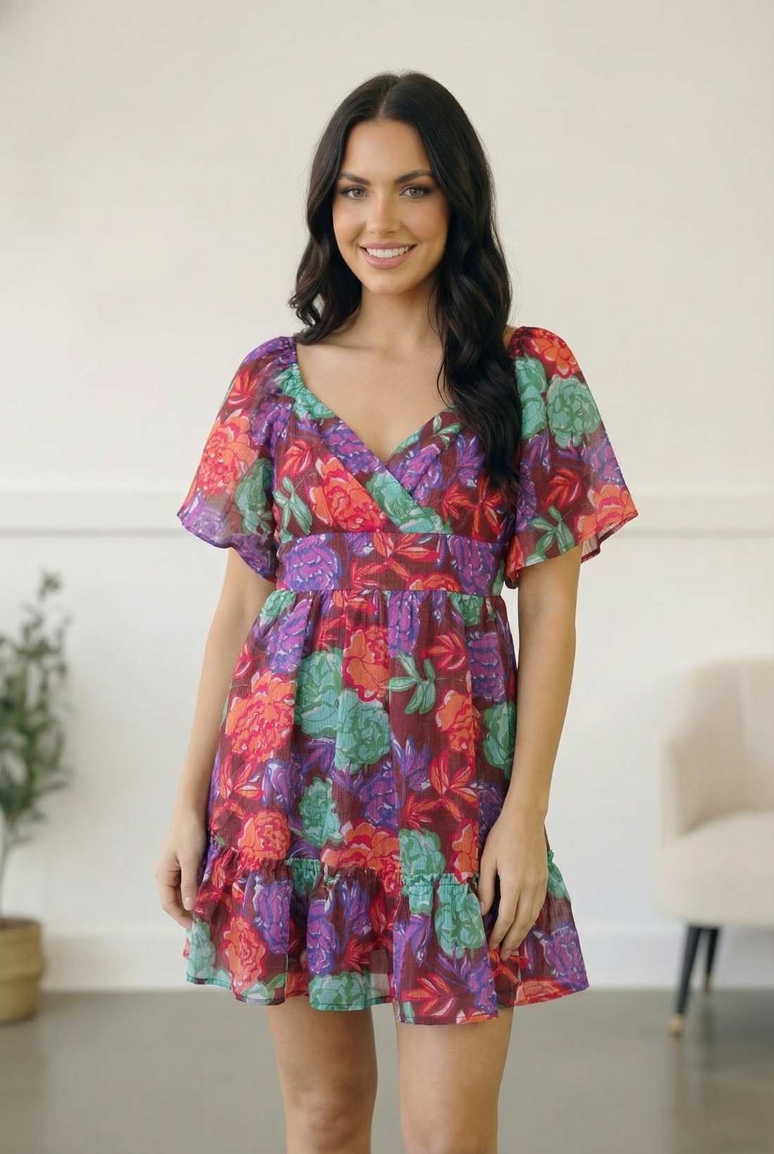 Brown Multi Floral Woven Lined Dress