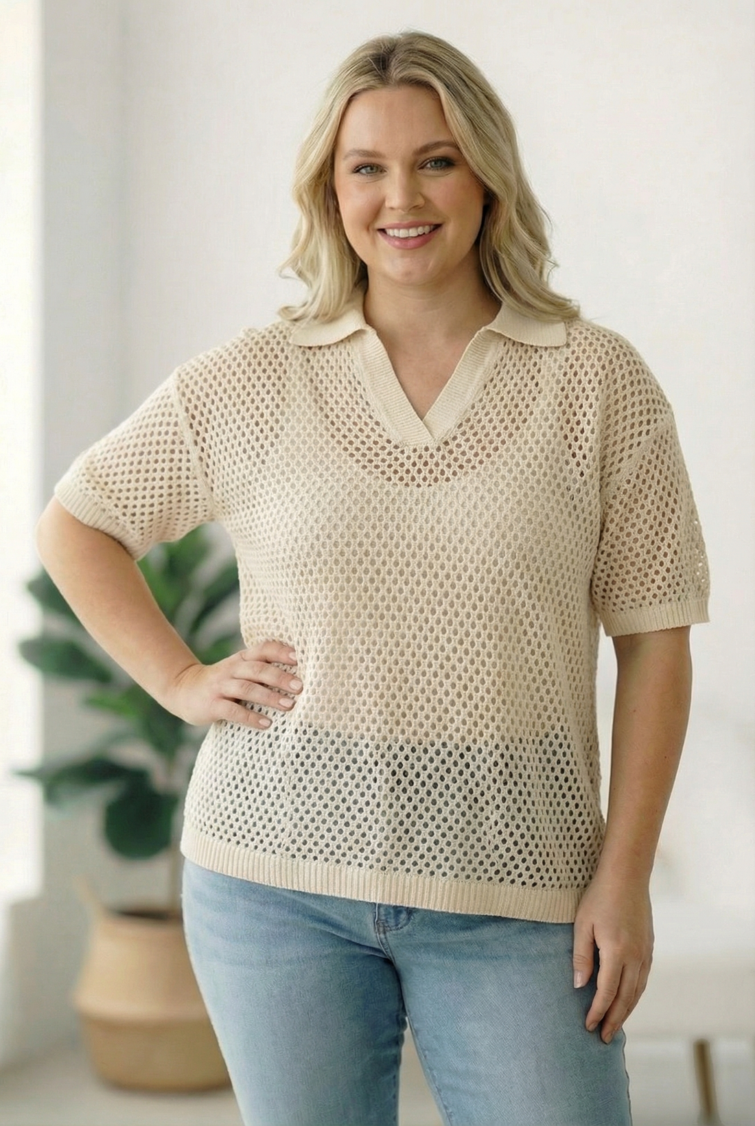 Plus Taupe Crochet Blouse