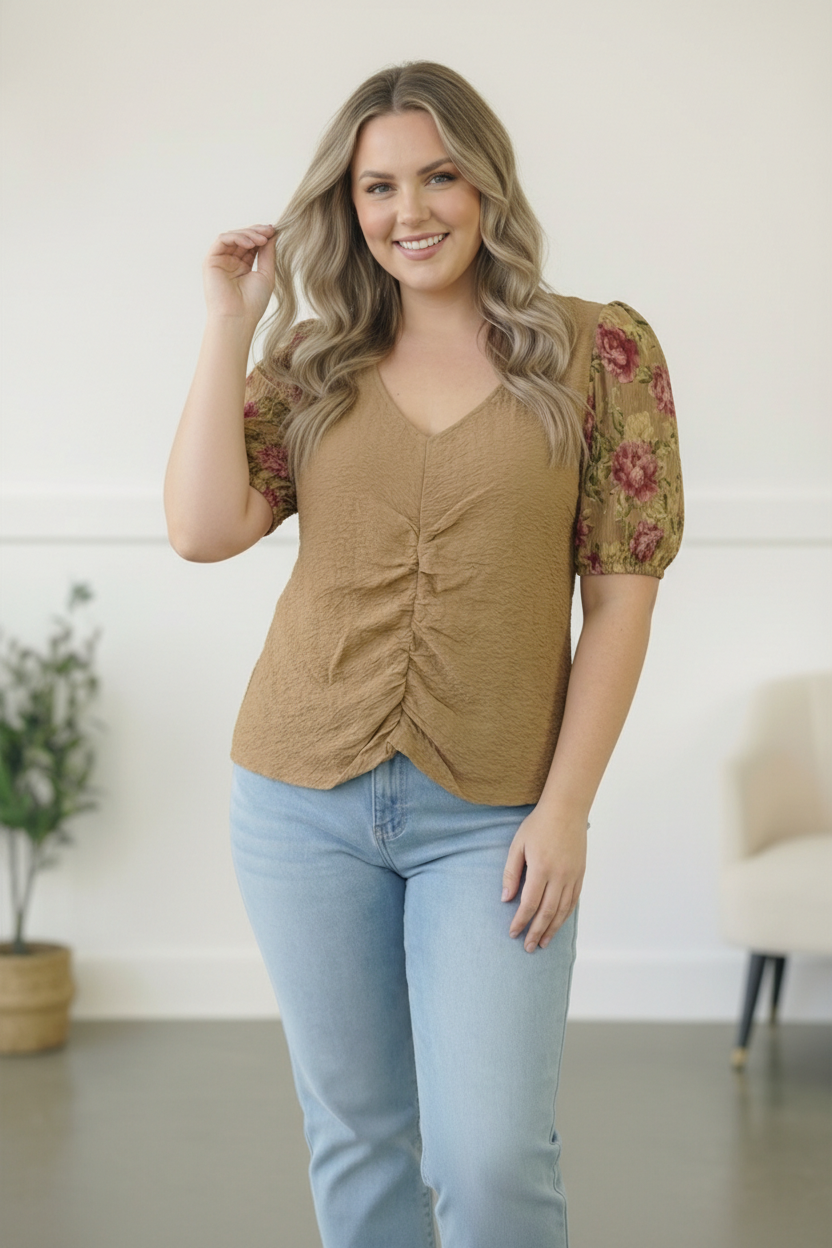 Plus Taupe Floral Sleeve Top