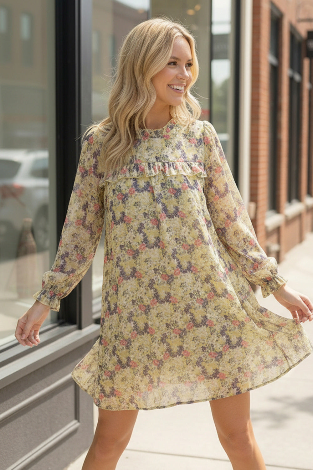 Yellow Woven Floral Lined Dress