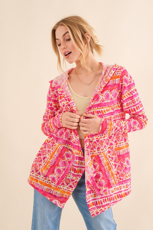 Coral Multi Printed Thermal Hoodie Casual Cardigan