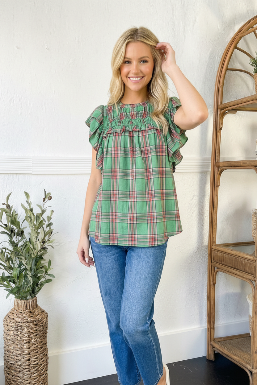 PLUS GREEN FLUTTER RUFFLE SHORT SLEEVE PLAID CHECK WOVEN