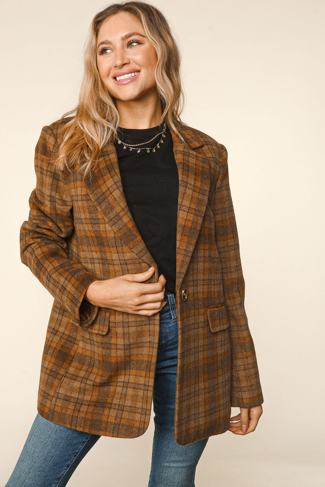 PLUS PLAID COLLAR AND LAPEL BUTTON DOWN BLAZER