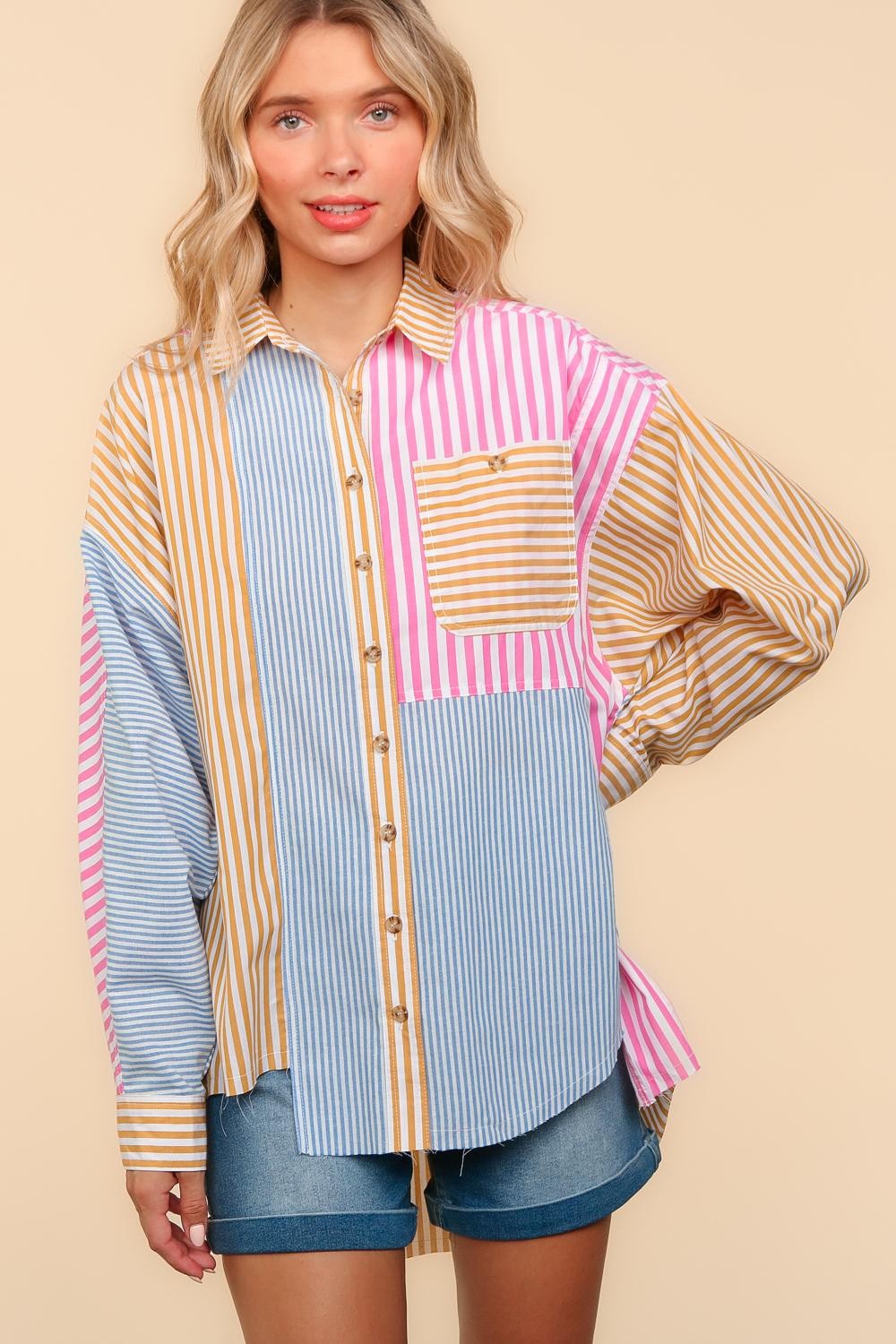 STRIPE PATCHWORK BUTTON DOWN WOVEN TOP