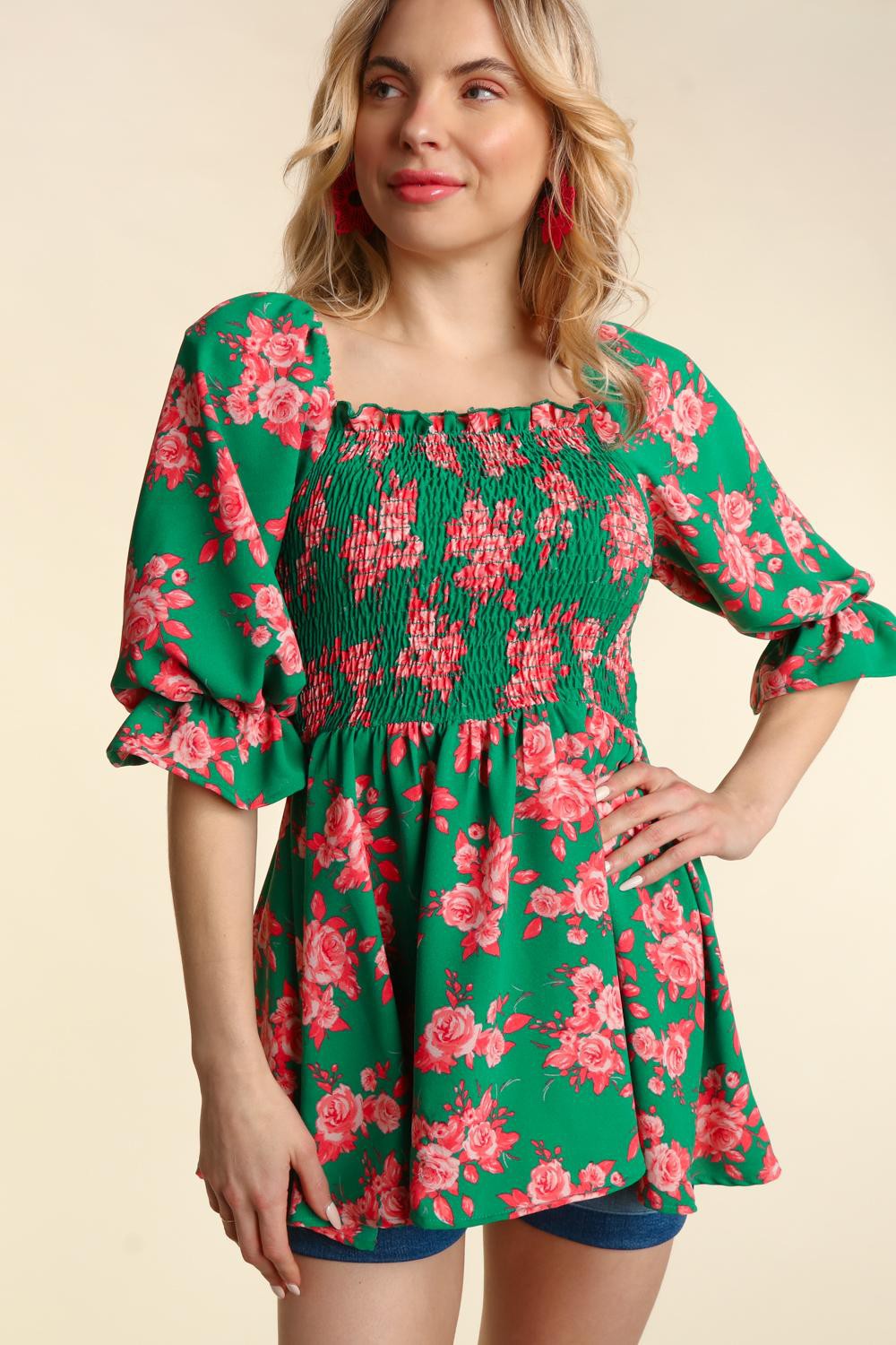 Green Coral Floral Smocking Fit & Flare Babydoll Woven Top