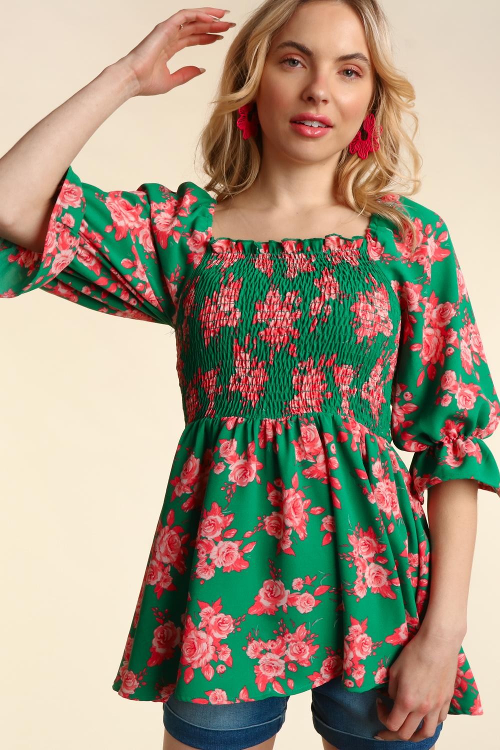 Green Coral Floral Smocking Fit & Flare Babydoll Woven Top