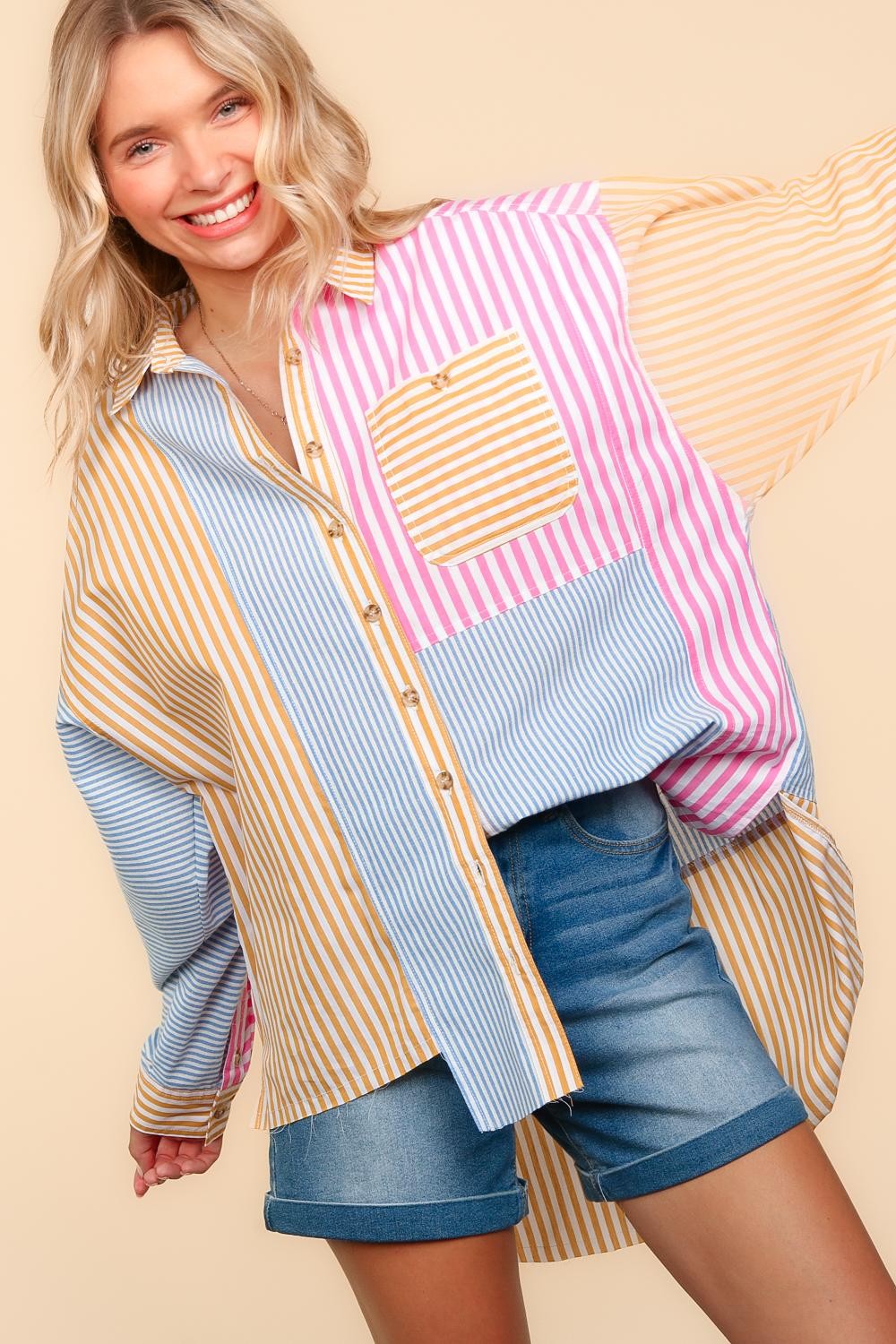 STRIPE PATCHWORK BUTTON DOWN WOVEN TOP