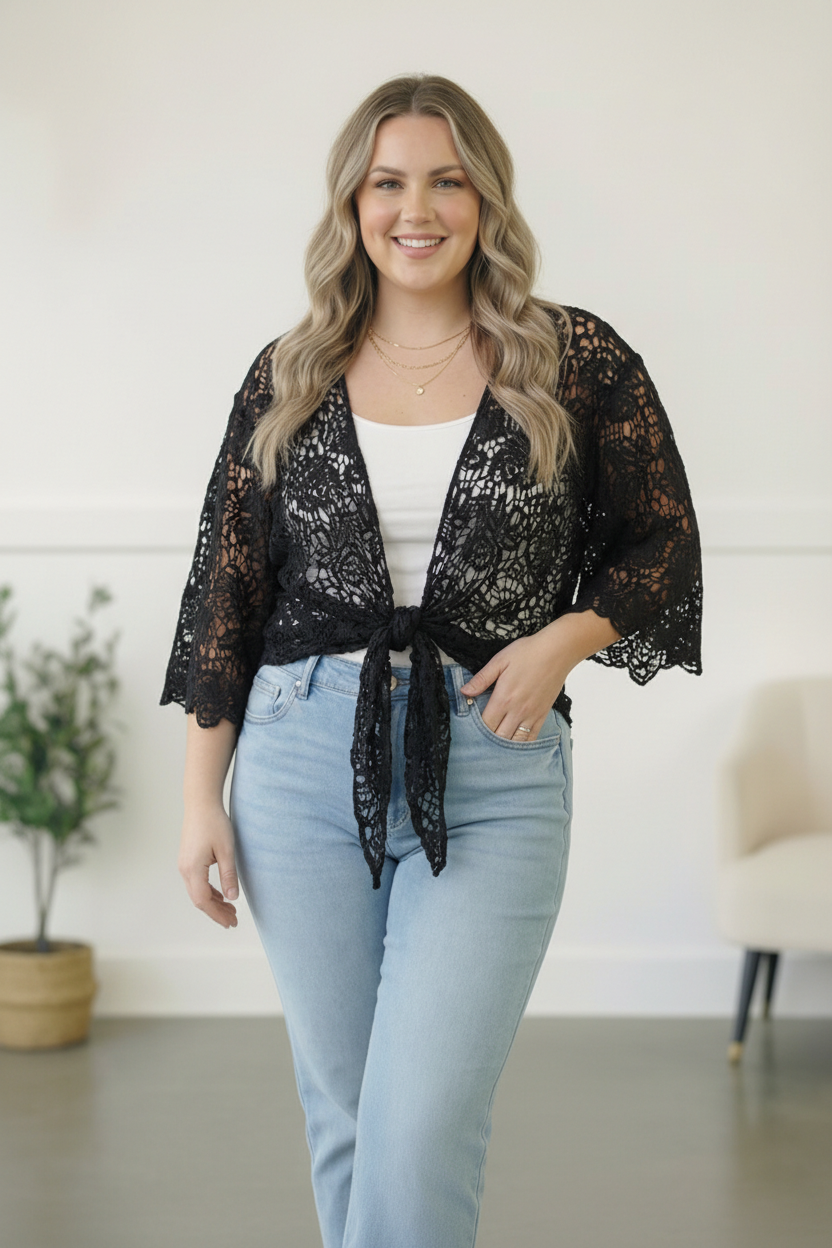 PLUS BLACK CROCHET TIE HEM CARDIGAN