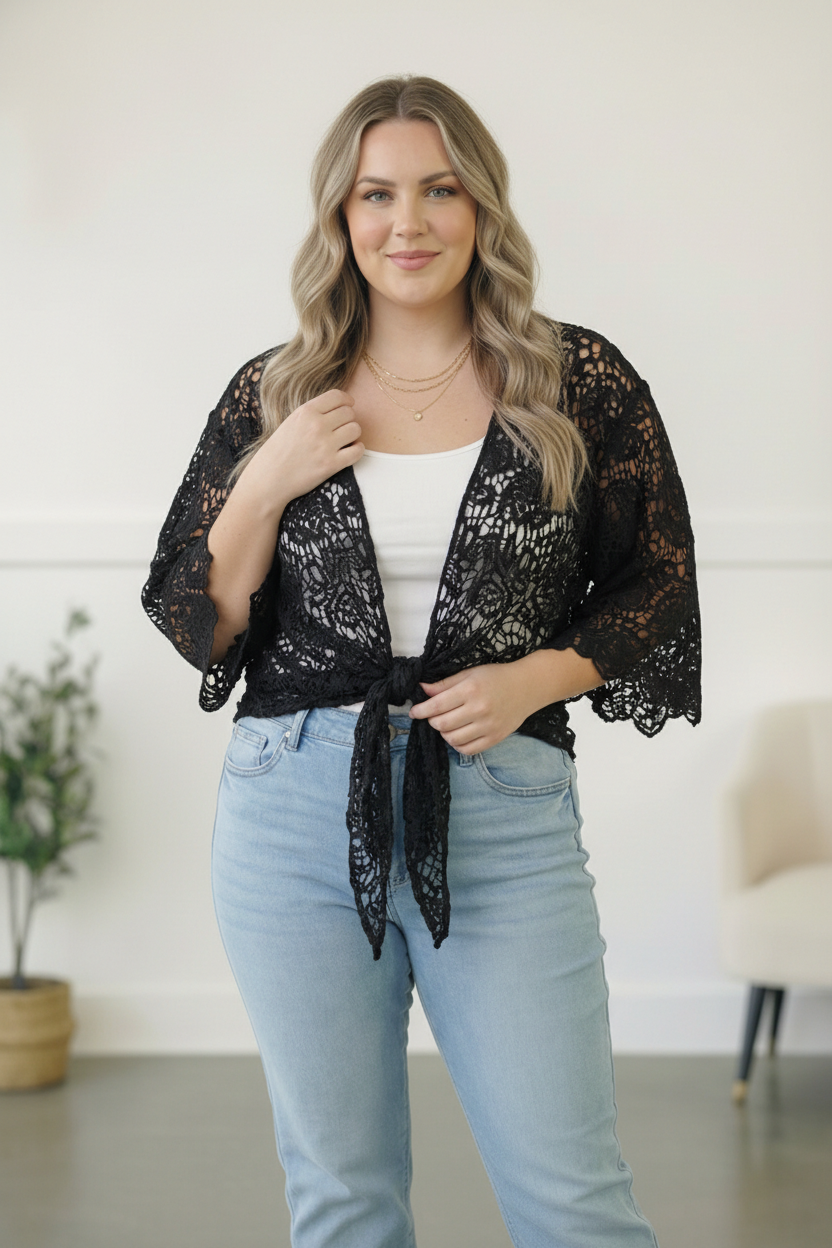 PLUS BLACK CROCHET TIE HEM CARDIGAN