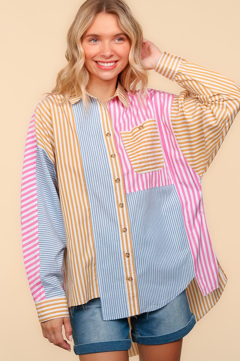 STRIPE PATCHWORK BUTTON DOWN WOVEN TOP