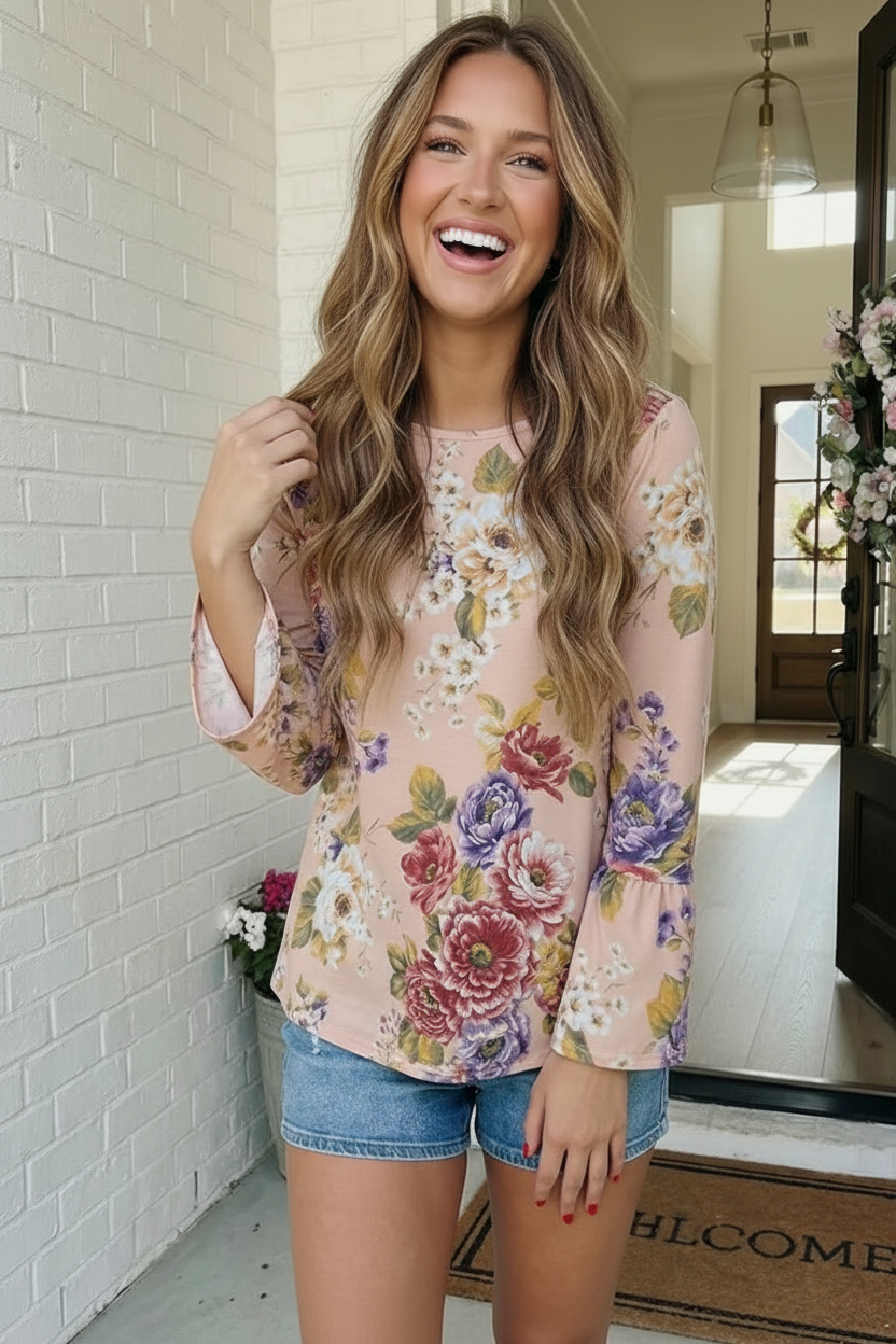 Blush Floral Bell Sleeve Top