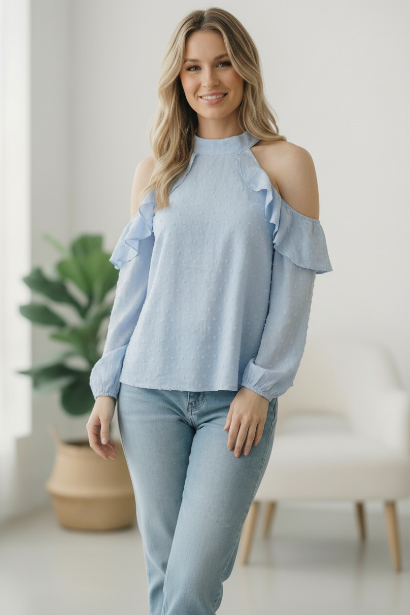 Blue Swiss Dot Shoulder Design Blouse