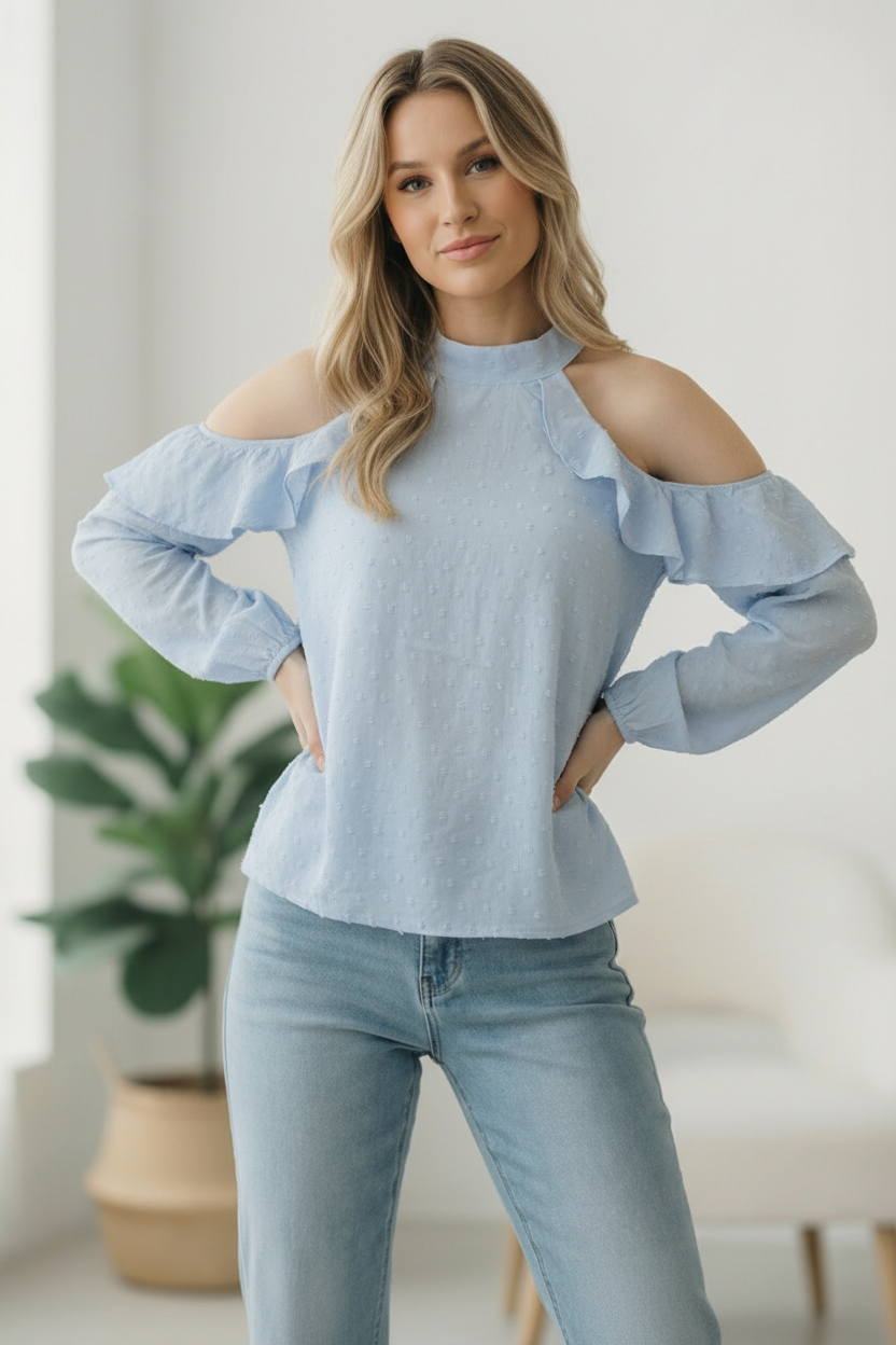 Blue Swiss Dot Shoulder Design Blouse