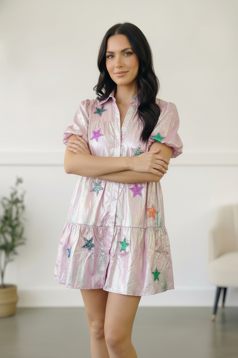 Pink Sequin Star Embroidered Button Pocket Dress