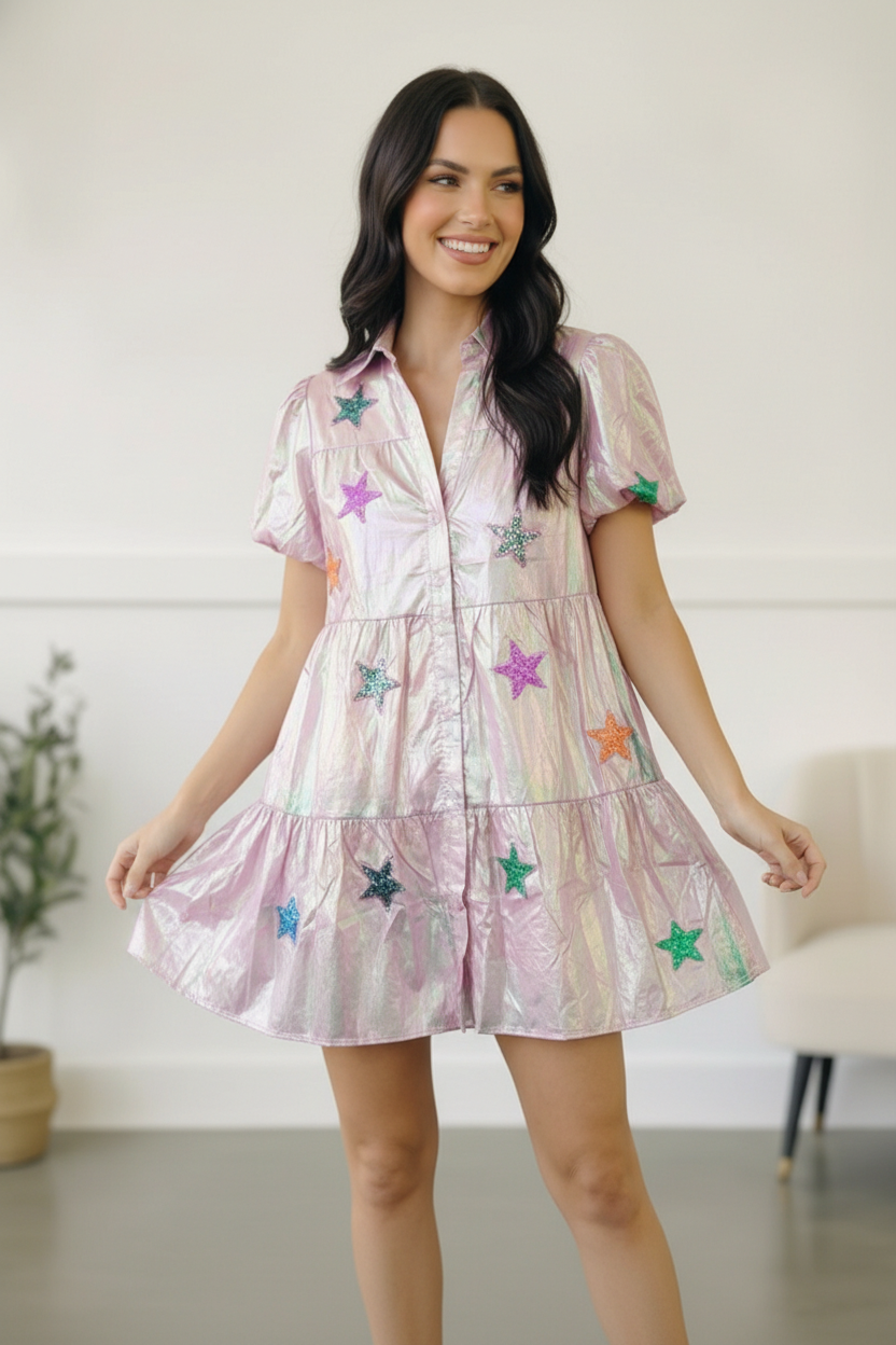 Pink Sequin Star Embroidered Button Pocket Dress