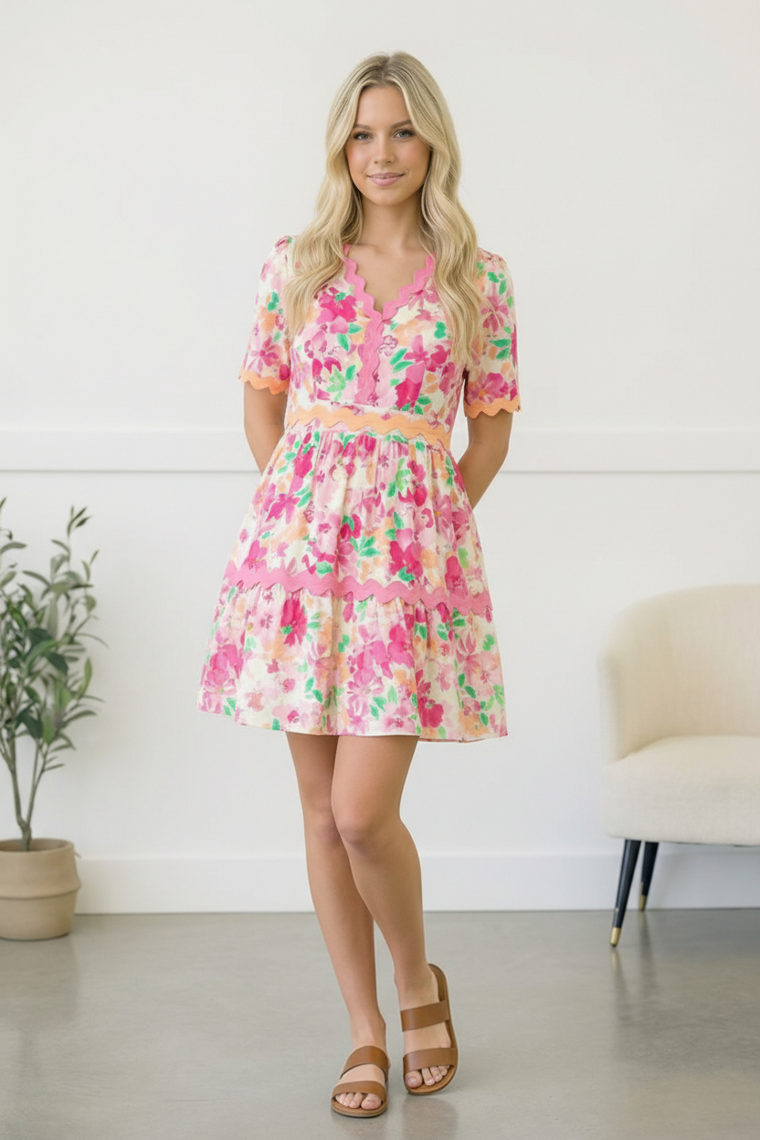 Floral Print Babydoll Dress with Side Pockets