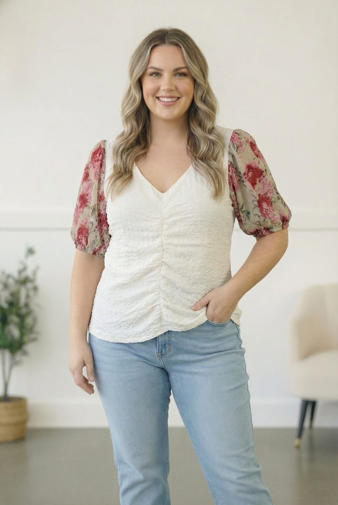 Plus Ivory Floral Sleeve Top