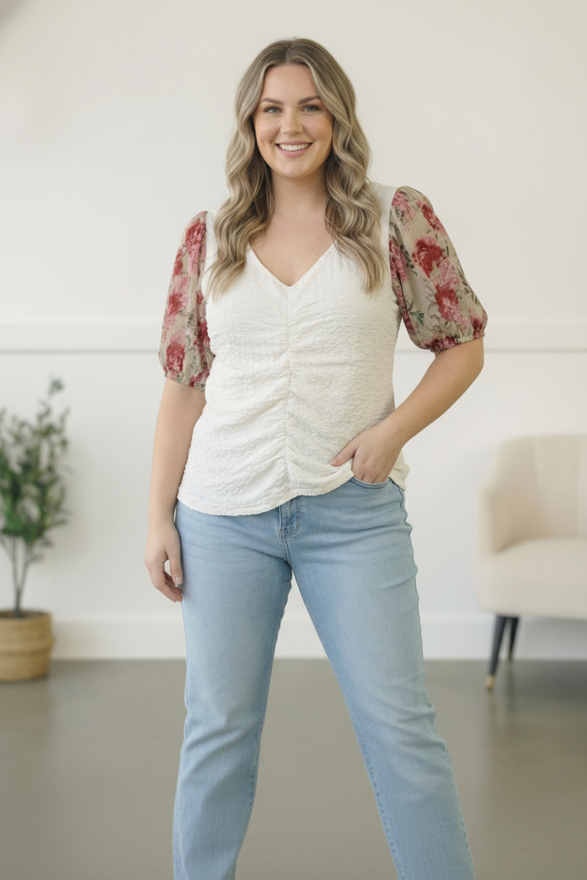 Plus Ivory Floral Sleeve Top